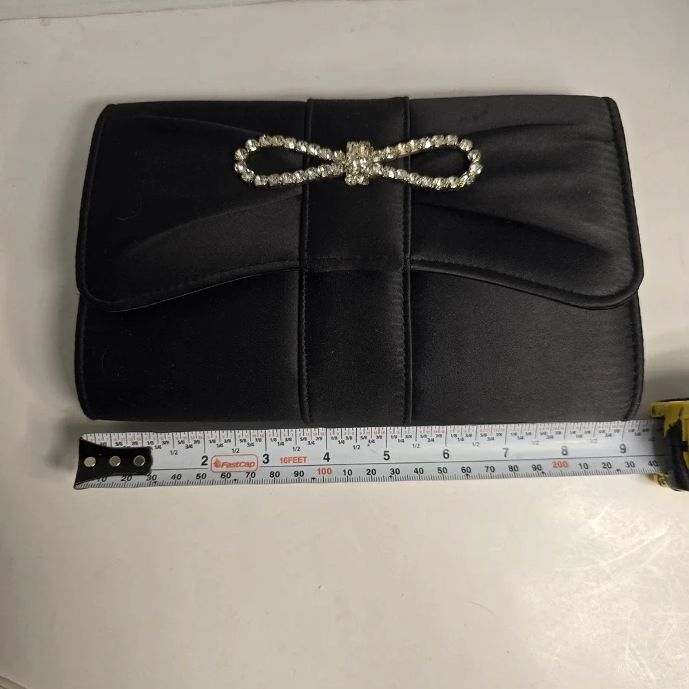La Regale Black Satin Clutch Rhinestone Bow Evening Bag‎ Formal Occasion